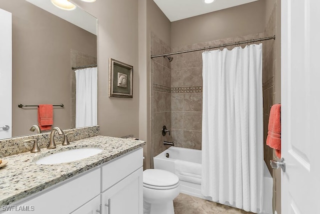 bathroom with toilet, tile patterned floors, vanity, and shower / tub combo with curtain