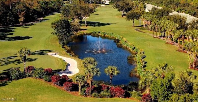 bird's eye view with a water view and view of golf course