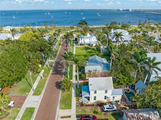 bird's eye view with a water view
