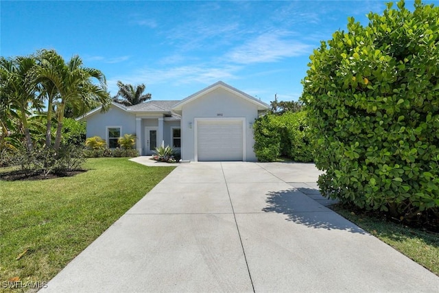 single story home featuring concrete driveway, stucco siding, a garage, and a front lawn