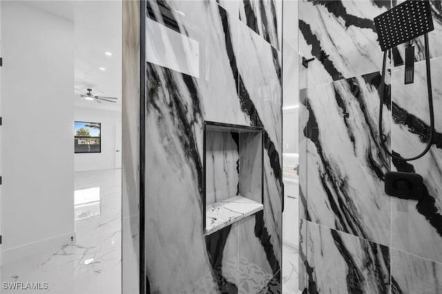 interior details featuring a marble finish shower, a ceiling fan, and recessed lighting