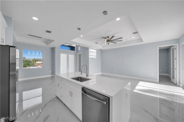 kitchen with a raised ceiling, a sink, open floor plan, appliances with stainless steel finishes, and a ceiling fan