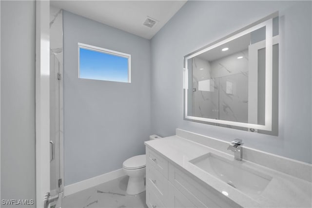 full bath featuring vanity, toilet, a marble finish shower, visible vents, and marble finish floor