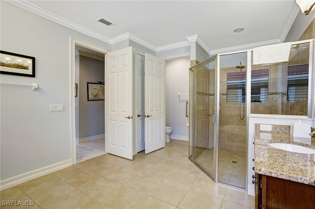 full bath with crown molding, toilet, and a shower stall