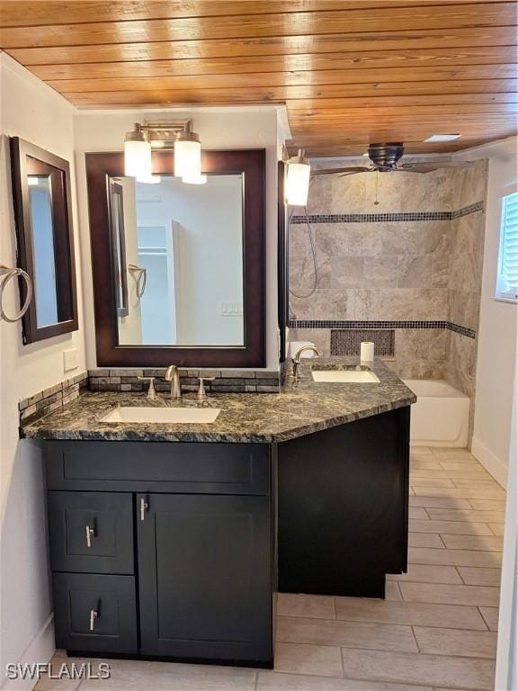 full bath featuring wood ceiling, vanity, and baseboards