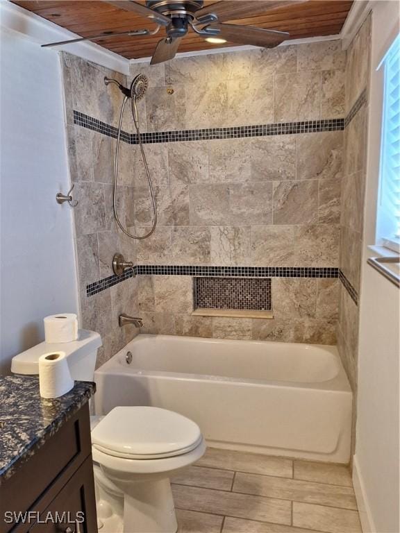 bathroom featuring toilet, ceiling fan, wood ceiling, tub / shower combination, and vanity