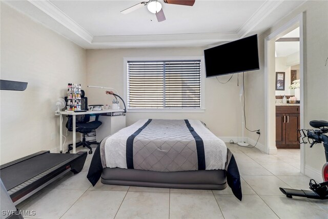 2420 6th Ave SE, Naples, FL 34117 - bedroom featuring ensuite bath, ornamental molding, light tile patterned floors, and ceiling fan