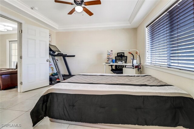 2420 6th Ave SE, Naples, FL 34117 - bedroom featuring crown molding, light tile patterned floors, ceiling fan, and multiple windows