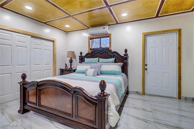 2420 6th Ave SE, Naples, FL 34117 - bedroom featuring a wall unit AC, a closet, recessed lighting, marble finish floor, and coffered ceiling