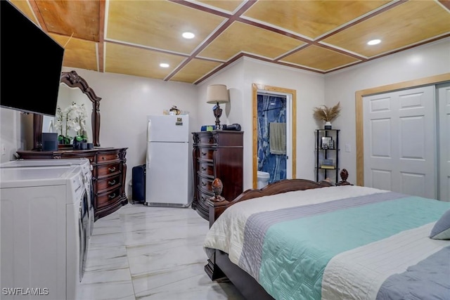2420 6th Ave SE, Naples, FL 34117 - bedroom with marble finish floor, freestanding refrigerator, recessed lighting, and coffered ceiling