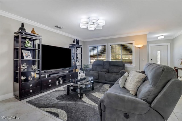 2420 6th Ave SE, Naples, FL 34117 - tiled living room featuring a chandelier, visible vents, baseboards, and crown molding