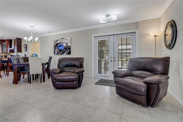 2420 6th Ave SE, Naples, FL 34117 - living area featuring french doors, light tile patterned floors, a notable chandelier, and ornamental molding