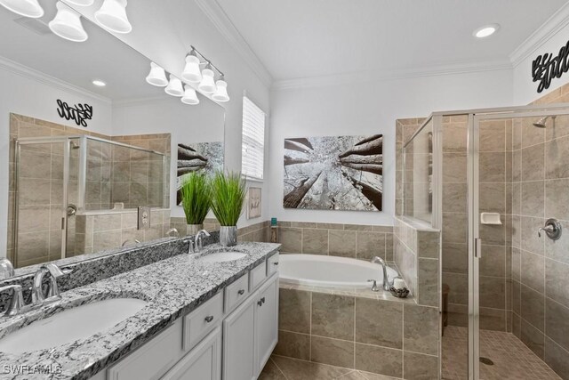 16148 Bonita Landing Cir, Bonita Springs, FL 34135 - bathroom featuring a bath, a stall shower, double vanity, and a sink