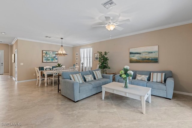 16148 Bonita Landing Cir, Bonita Springs, FL 34135 - living room featuring ceiling fan, ornamental molding, visible vents, light tile patterned flooring, and baseboards