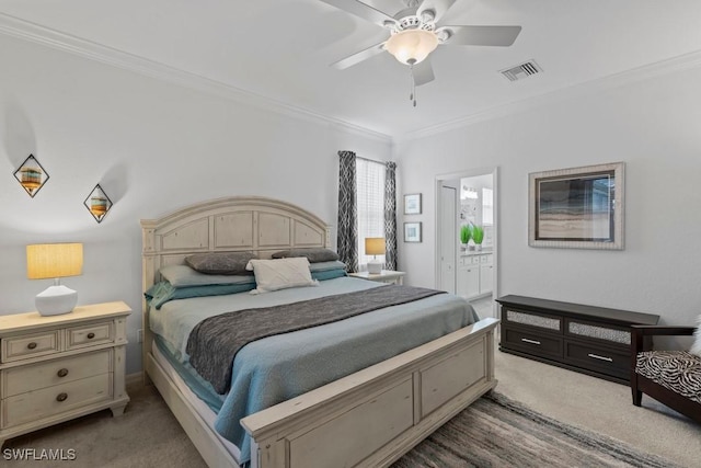 16148 Bonita Landing Cir, Bonita Springs, FL 34135 - carpeted bedroom with a ceiling fan, ensuite bath, ornamental molding, and visible vents