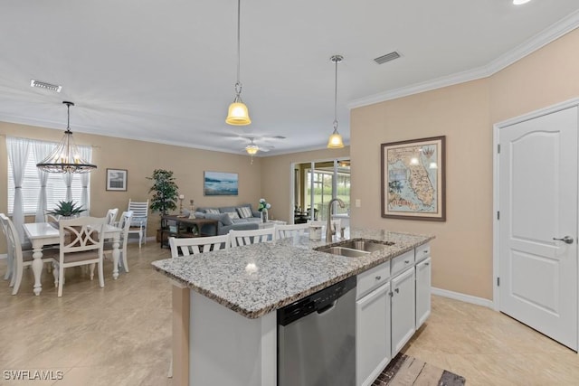 16148 Bonita Landing Cir, Bonita Springs, FL 34135 - kitchen featuring visible vents, decorative light fixtures, dishwasher, a sink, and crown molding