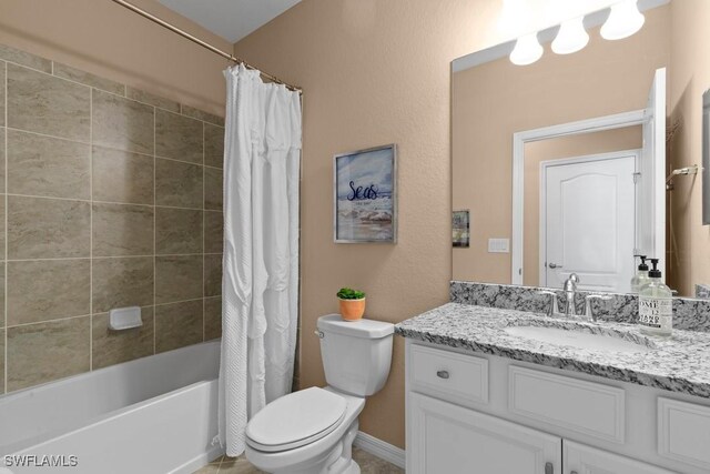 16148 Bonita Landing Cir, Bonita Springs, FL 34135 - full bath featuring shower / bathtub combination with curtain, vanity, baseboards, and toilet
