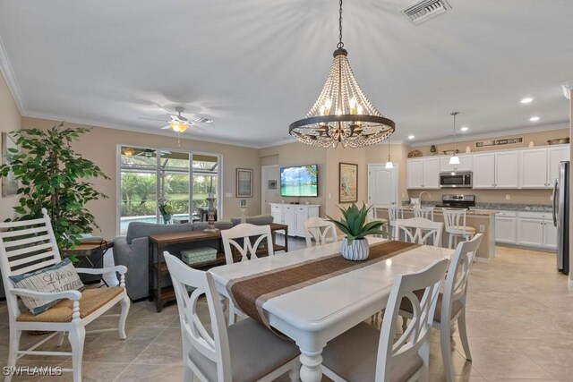 16148 Bonita Landing Cir, Bonita Springs, FL 34135 - dining room featuring visible vents, light tile patterned floors, crown molding, recessed lighting, and ceiling fan with notable chandelier