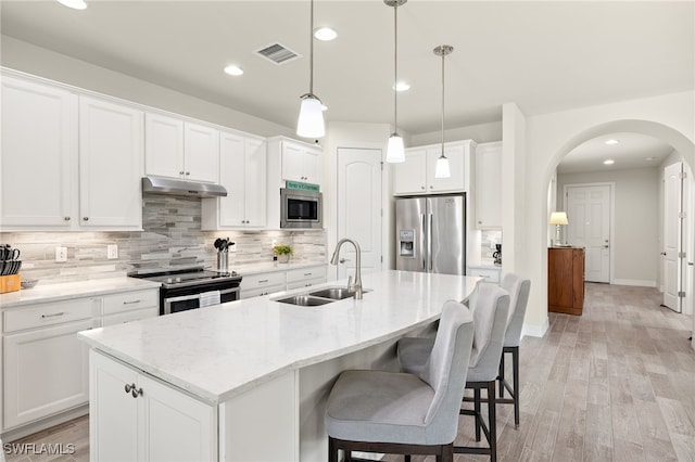 11811 Darcy Pl, Fort Myers, FL 33913 - kitchen featuring stainless steel appliances, a sink, under cabinet range hood, tasteful backsplash, and arched walkways