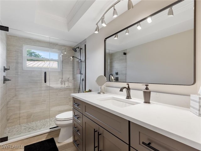 bathroom with crown molding, a shower stall, vanity, toilet, and wood finished floors