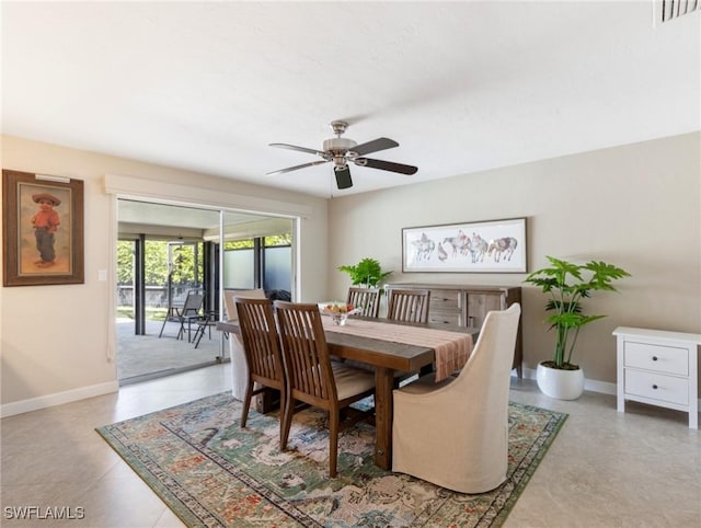 dining room with visible vents, baseboards, and a ceiling fan