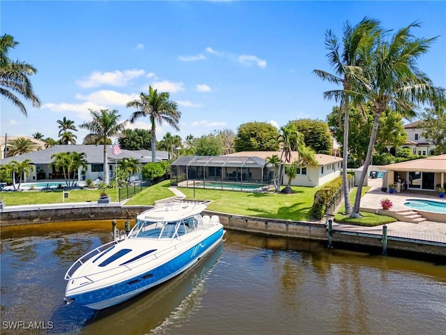 view of dock featuring a water view, an outdoor pool, glass enclosure, and a lawn