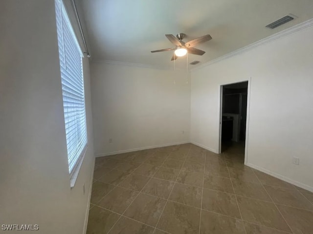 2035 Wellington St, Naples, FL 34120 - unfurnished room with crown molding, visible vents, ceiling fan, and tile patterned flooring
