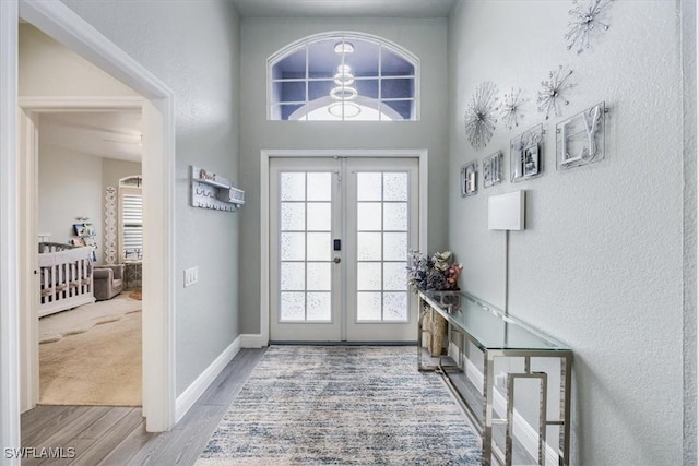 foyer entrance featuring plenty of natural light, french doors, baseboards, and wood finished floors