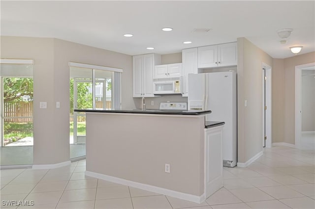 3831 Pelican Blvd, Cape Coral, FL 33914 - kitchen featuring baseboards, white appliances, white cabinetry, light tile patterned flooring, and dark countertops