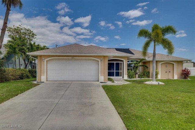 605 SE 22nd St, Cape Coral, FL 33990 - single story home with concrete driveway, an attached garage, stucco siding, and a front lawn