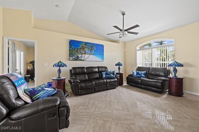 605 SE 22nd St, Cape Coral, FL 33990 - living area with baseboards, a ceiling fan, and lofted ceiling