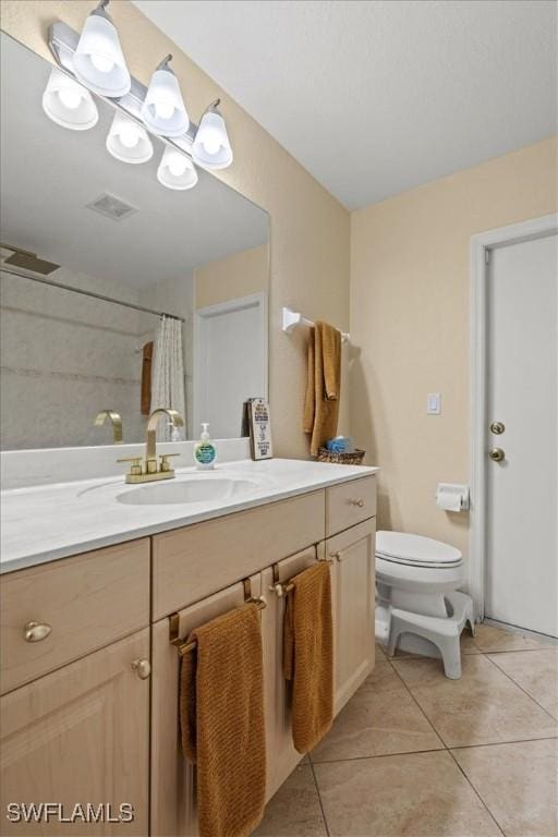 605 SE 22nd St, Cape Coral, FL 33990 - full bathroom with vanity, curtained shower, tile patterned flooring, toilet, and visible vents
