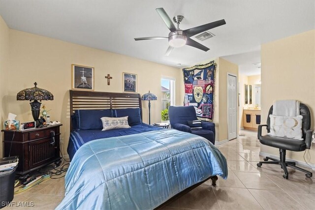 605 SE 22nd St, Cape Coral, FL 33990 - bedroom featuring a ceiling fan, tile patterned flooring, visible vents, and connected bathroom