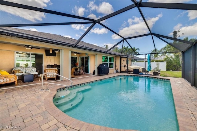 605 SE 22nd St, Cape Coral, FL 33990 - outdoor pool featuring an outdoor living space, ceiling fan, a patio, fence, and a lanai