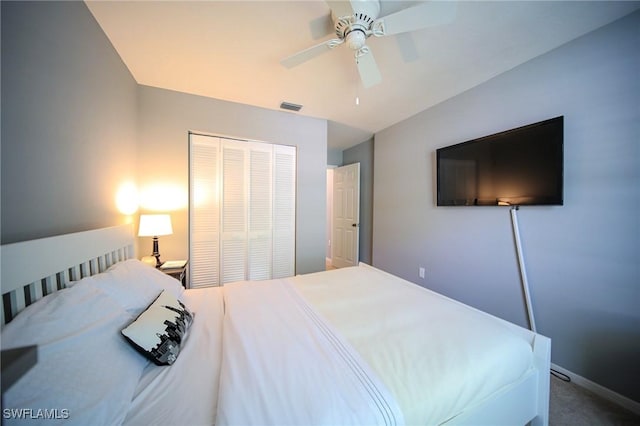 25431 Fairway Dunes Ct, Bonita Springs, FL 34135 - bedroom with a closet, baseboards, carpet flooring, visible vents, and ceiling fan