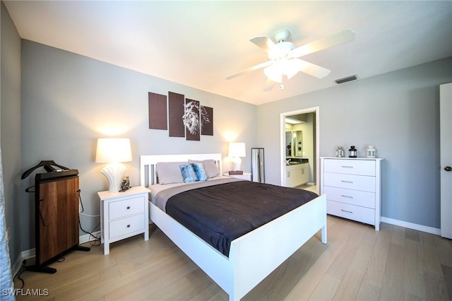 25431 Fairway Dunes Ct, Bonita Springs, FL 34135 - bedroom with visible vents, baseboards, ensuite bathroom, ceiling fan, and light wood-style floors