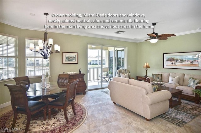 5600 Chelsey Ln Unit 201, Fort Myers, FL 33912 - living area featuring baseboards, visible vents, ceiling fan with notable chandelier, and ornamental molding