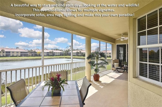 5600 Chelsey Ln Unit 201, Fort Myers, FL 33912 - sunroom featuring a water view, a residential view, and a ceiling fan
