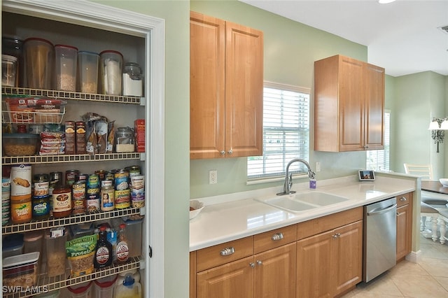 5600 Chelsey Ln Unit 201, Fort Myers, FL 33912 - kitchen with light tile patterned floors, light countertops, visible vents, stainless steel dishwasher, and a sink