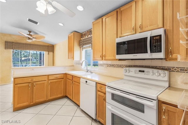 kitchen featuring visible vents, a sink, ceiling fan, white appliances, and a healthy amount of sunlight