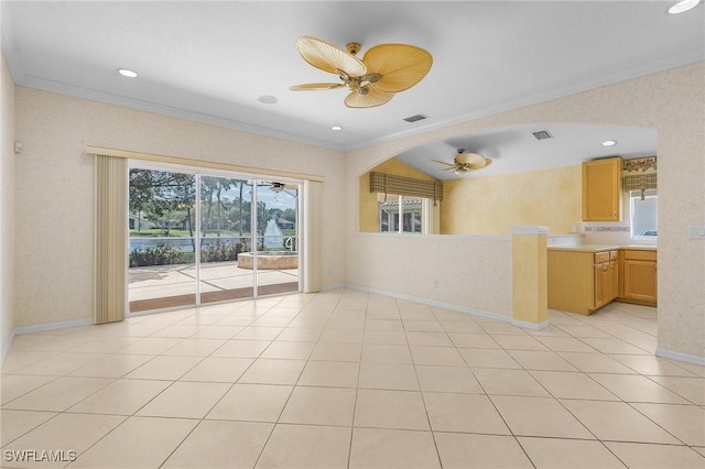 spare room featuring visible vents, baseboards, ornamental molding, ceiling fan, and recessed lighting