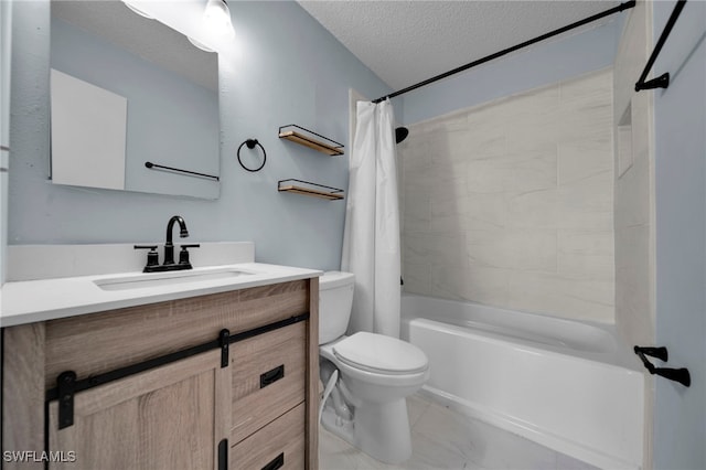 bathroom featuring vanity, toilet, shower / tub combo with curtain, a textured ceiling, and marble look tile flooring
