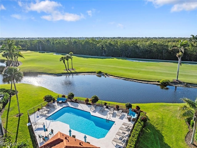 3570 Haldeman Creek Dr Unit 134, Naples, FL 34112 - community pool with a water view, view of golf course, a patio, and a lawn