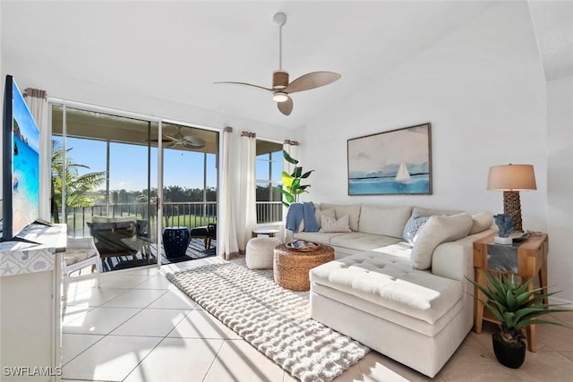 3570 Haldeman Creek Dr Unit 134, Naples, FL 34112 - tiled living room with vaulted ceiling and ceiling fan