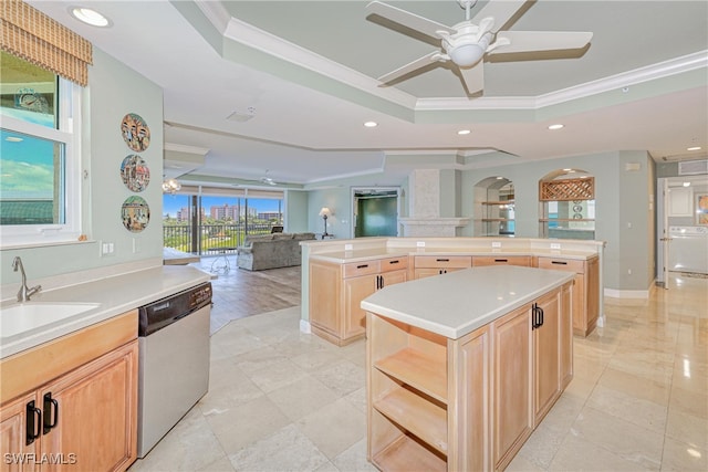 15220 Portside Dr Unit 301, Fort Myers, FL 33908 - kitchen featuring crown molding, light brown cabinetry, dishwasher, a large island, and a tray ceiling