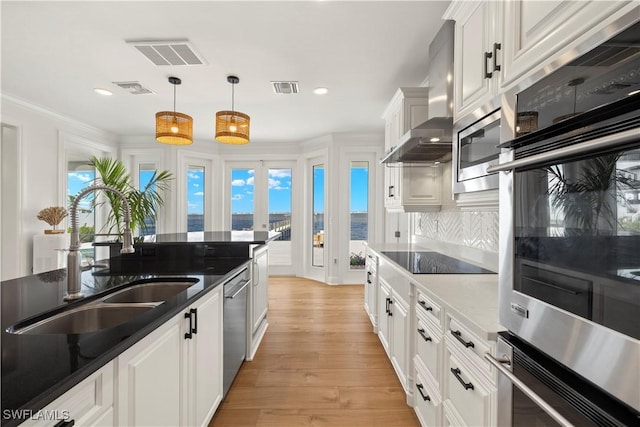 8451 Casa Del Rio Ln, Fort Myers, FL 33919 - kitchen with appliances with stainless steel finishes, a sink, wall chimney range hood, and visible vents