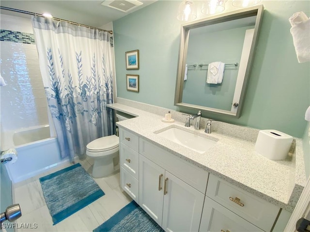 full bath featuring visible vents, toilet, vanity, and shower / tub combo