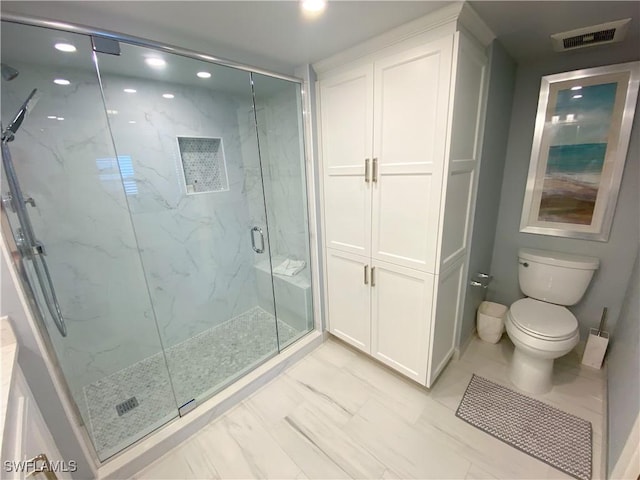 bathroom with recessed lighting, marble finish floor, visible vents, toilet, and a marble finish shower