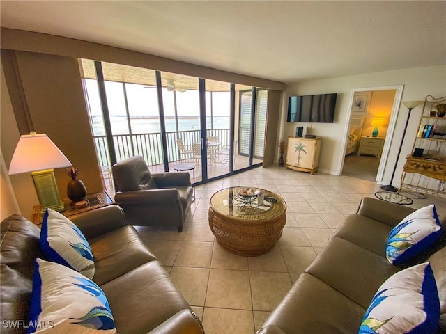 living area with tile patterned flooring