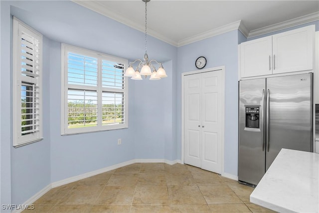 9719 Acqua Ct Unit 241, Naples, FL 34113 - kitchen featuring stainless steel refrigerator with ice dispenser, a chandelier, crown molding, white cabinetry, and hanging light fixtures